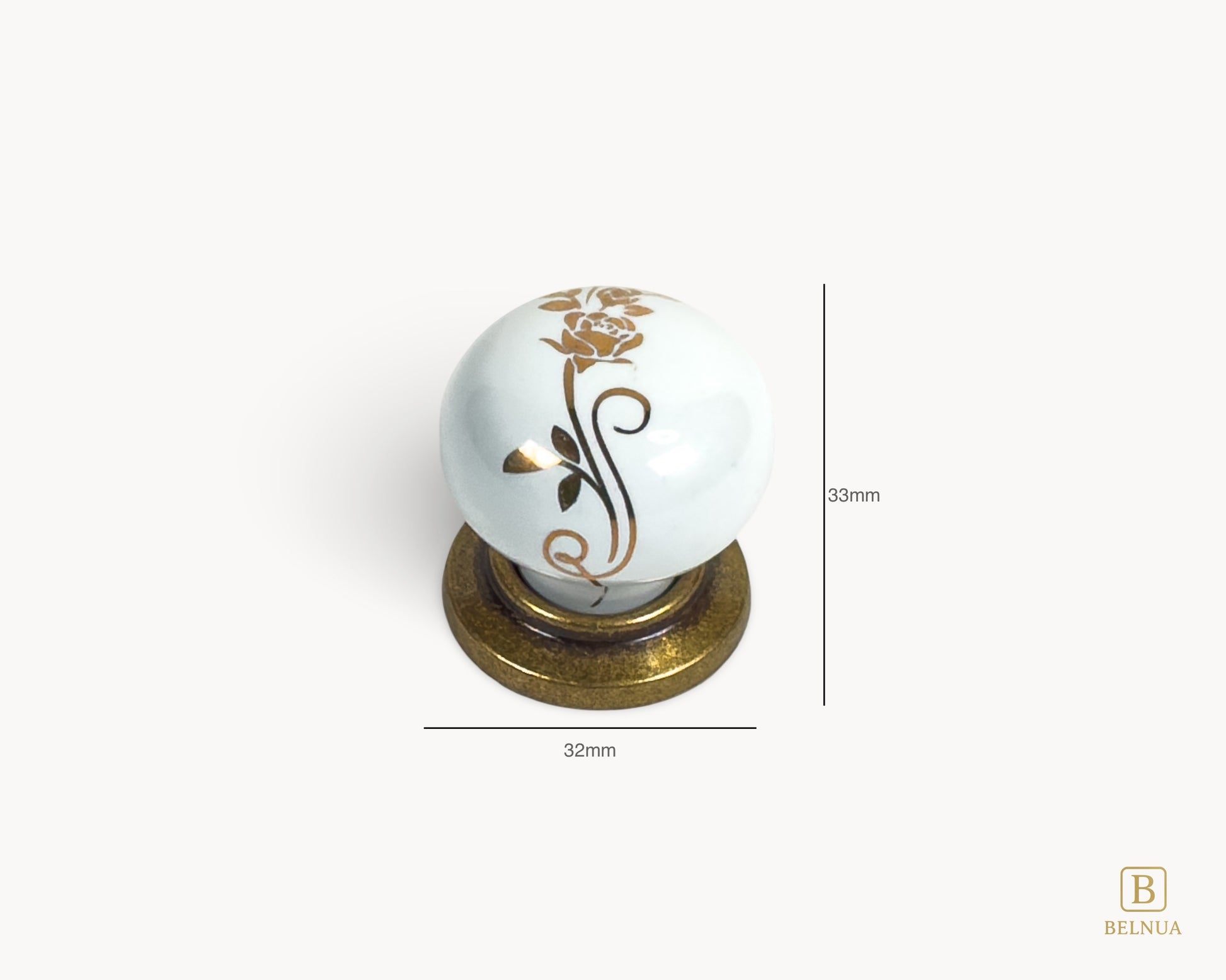 Belnua - Measurements of ZERRA white ceramic/porcelain knob with golden scroll motif and antique brass base