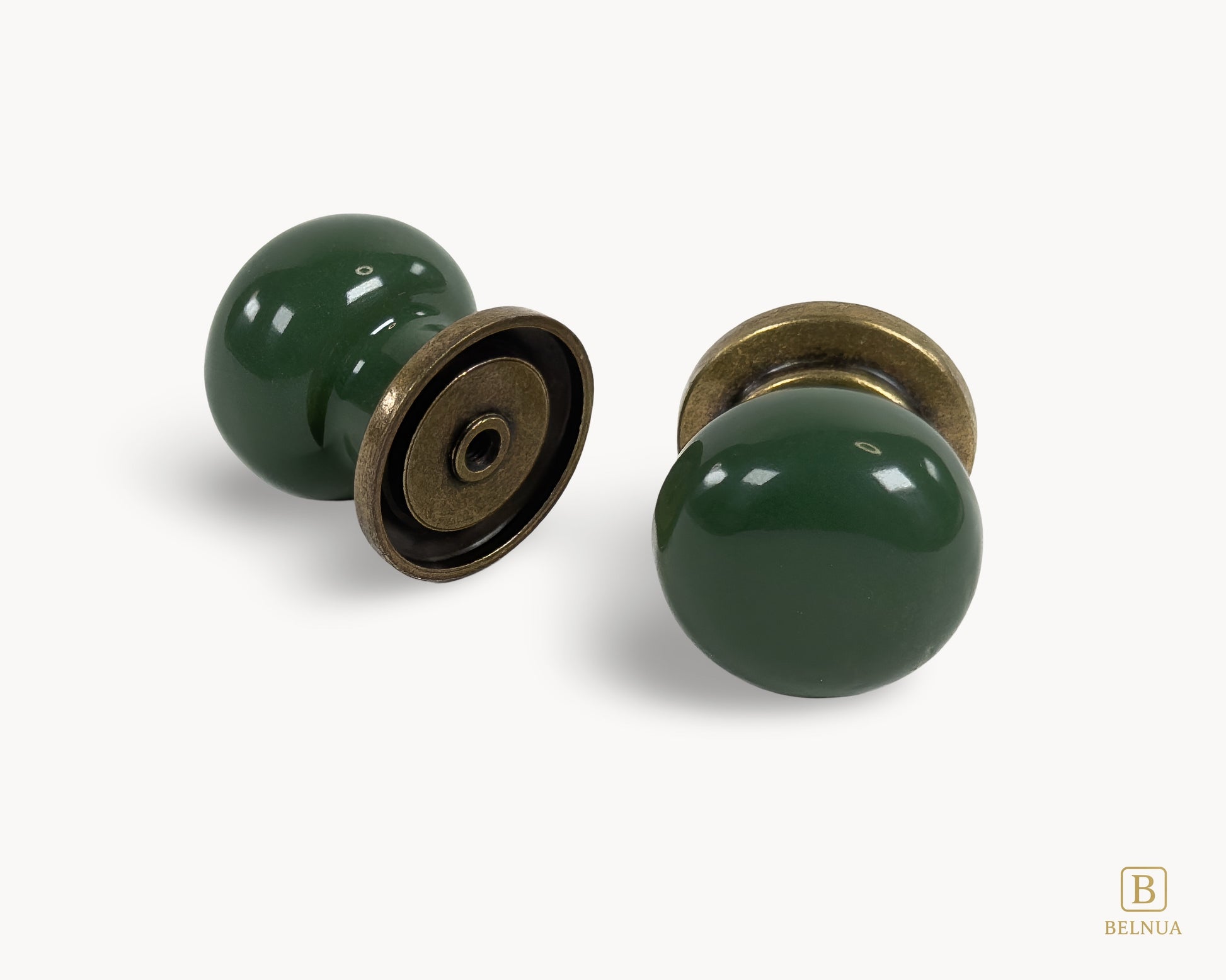 Belnua - Back and front angled view showing green porcelain and antique brass finish