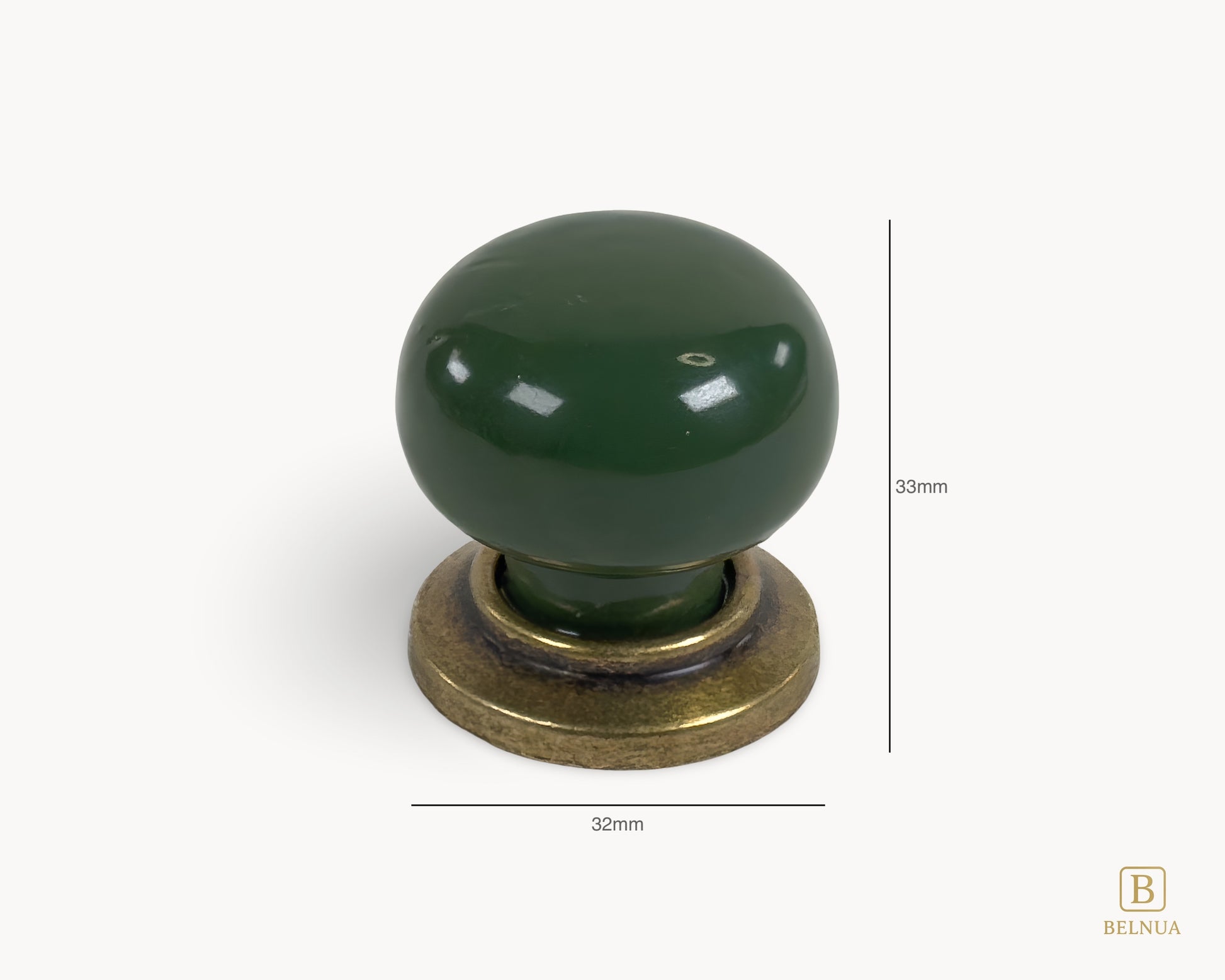 Belnua - Measurements of dark green porcelain insert on ZERRA knob with antique brass base