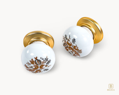 Belnua - Pair of ZERRA cabinet knob side detail of floral arch pattern on white porcelain/ceramic insert