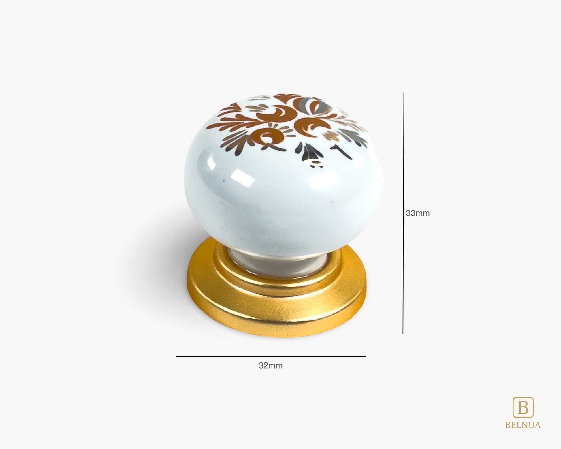 Belnua - detailed top view of luxury ZERRA white cabinet porcelain/ceramic knob with matte gold finish and golden arch motif showing measurements