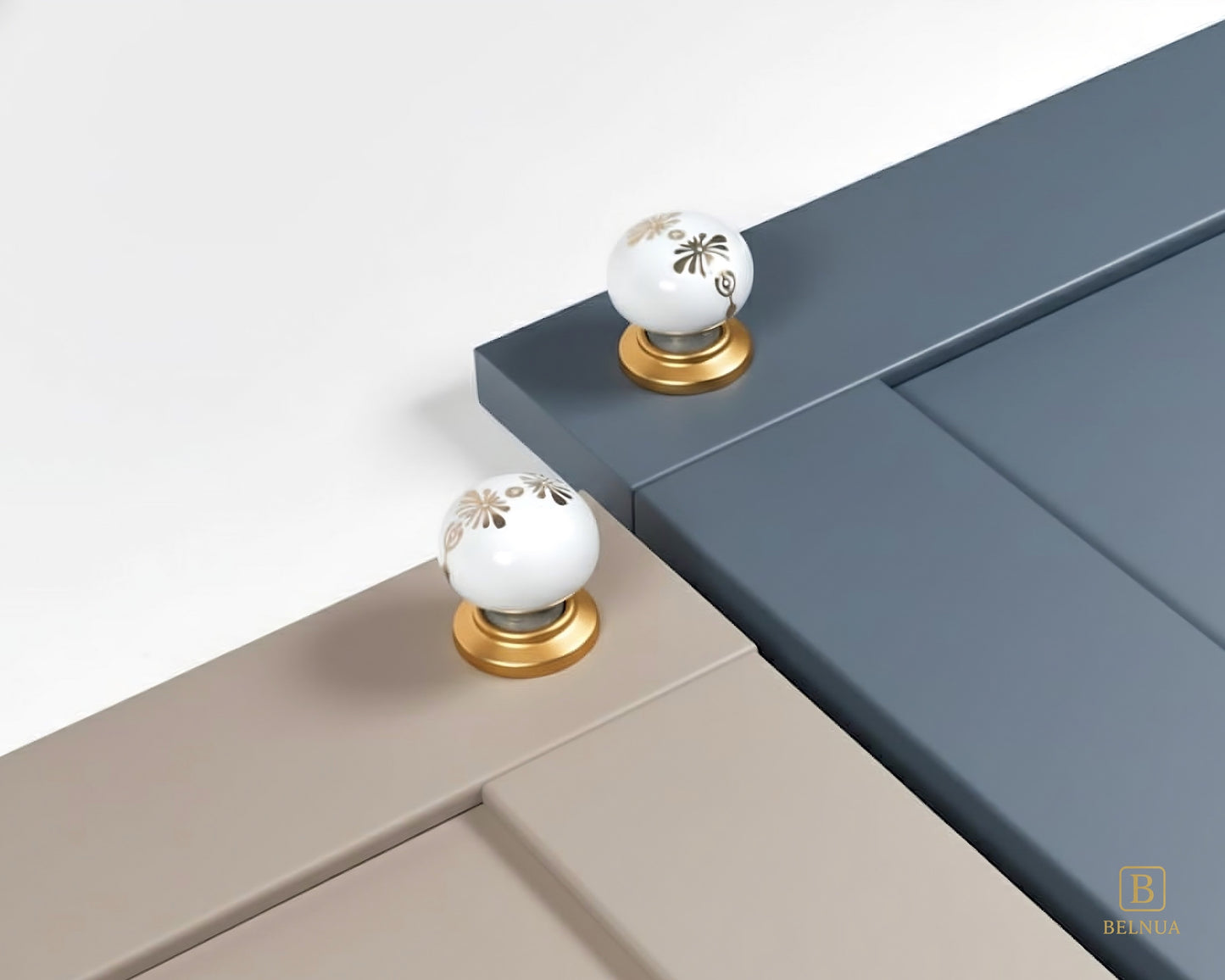 Belnua - ZERRA porcelain/ceramic knob with golden blossom motif on light taupe and dusty blue cabinet door
