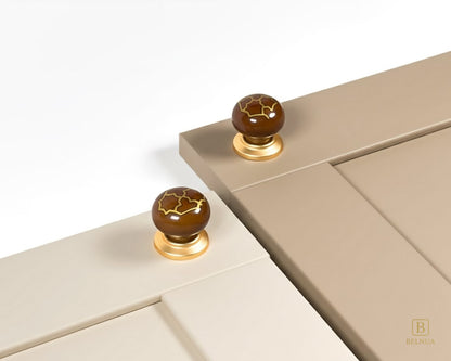 Belnua - ZERRA porcelain/ceramic brown knob with golden tile motif on cream & warm taupe cabinet door