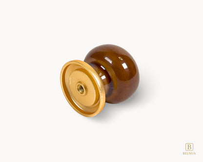Belnua - Right angled flat lay view of ZERRA golden tile cabinet knob on brown porcelain insert