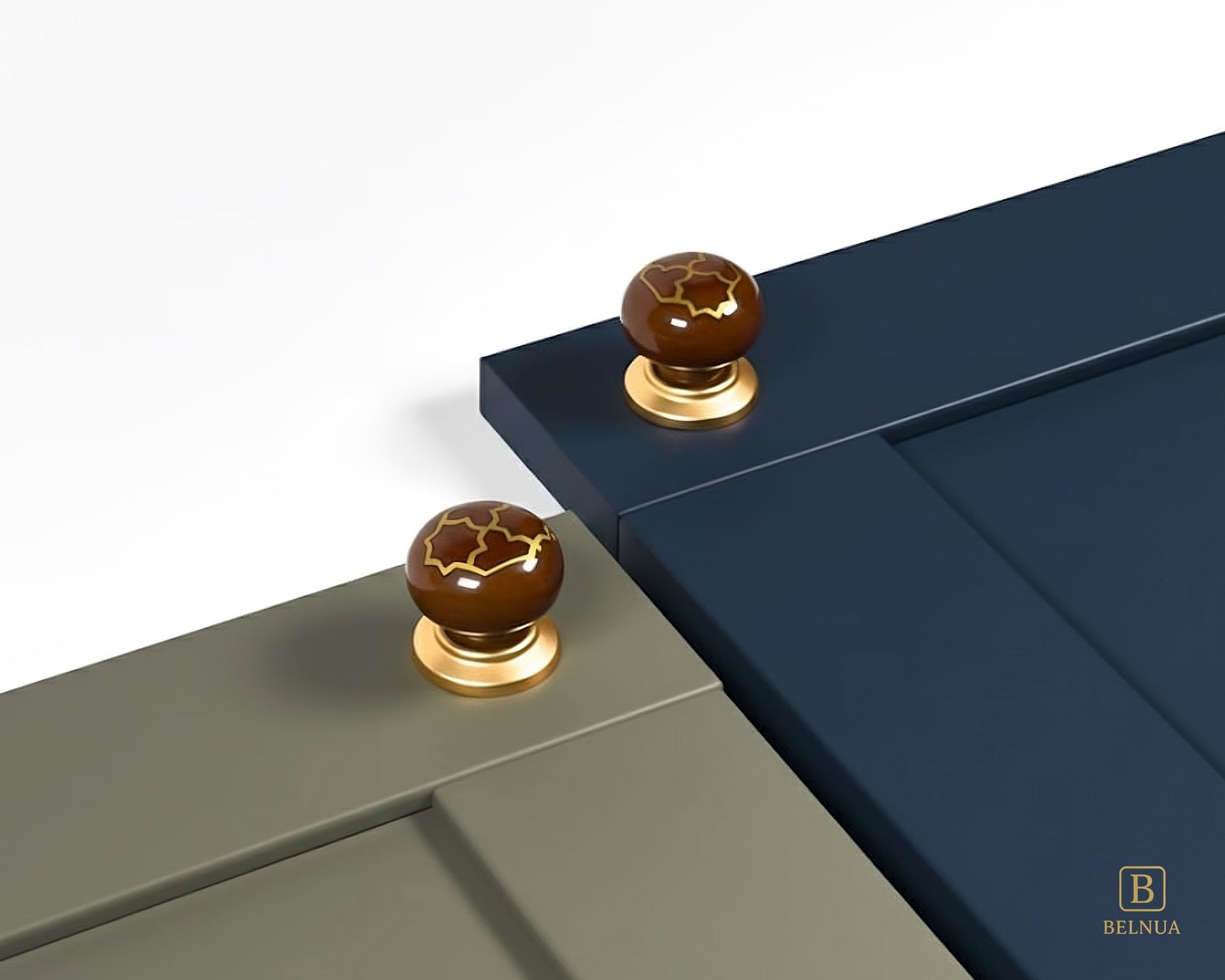Belnua - ZERRA porcelain/ceramic brown knob with golden tile motif on olive grey & deep navy cabinet door
