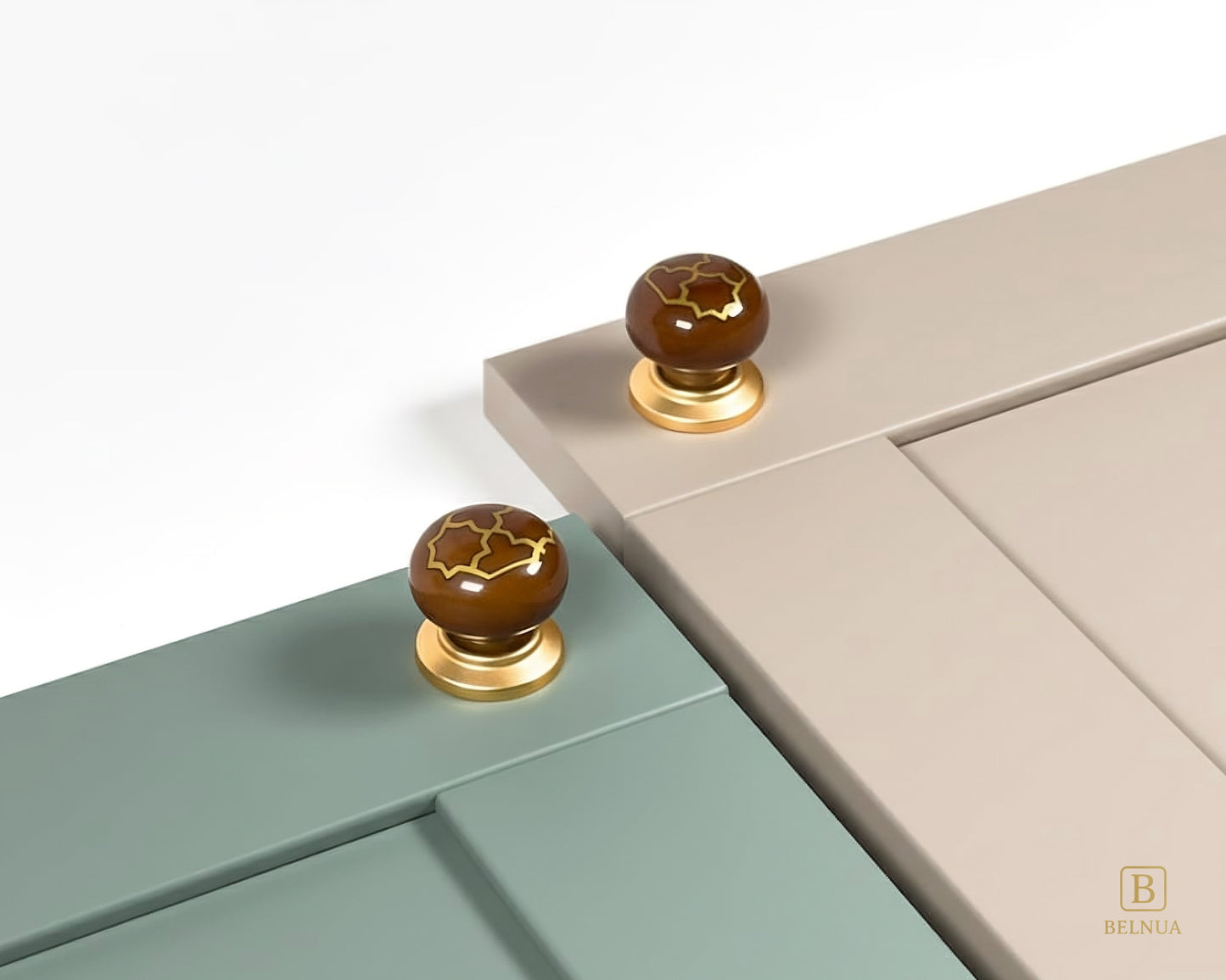 Belnua - ZERRA porcelain/ceramic brown knob with golden tile motif on sage green & stone beige cabinet door