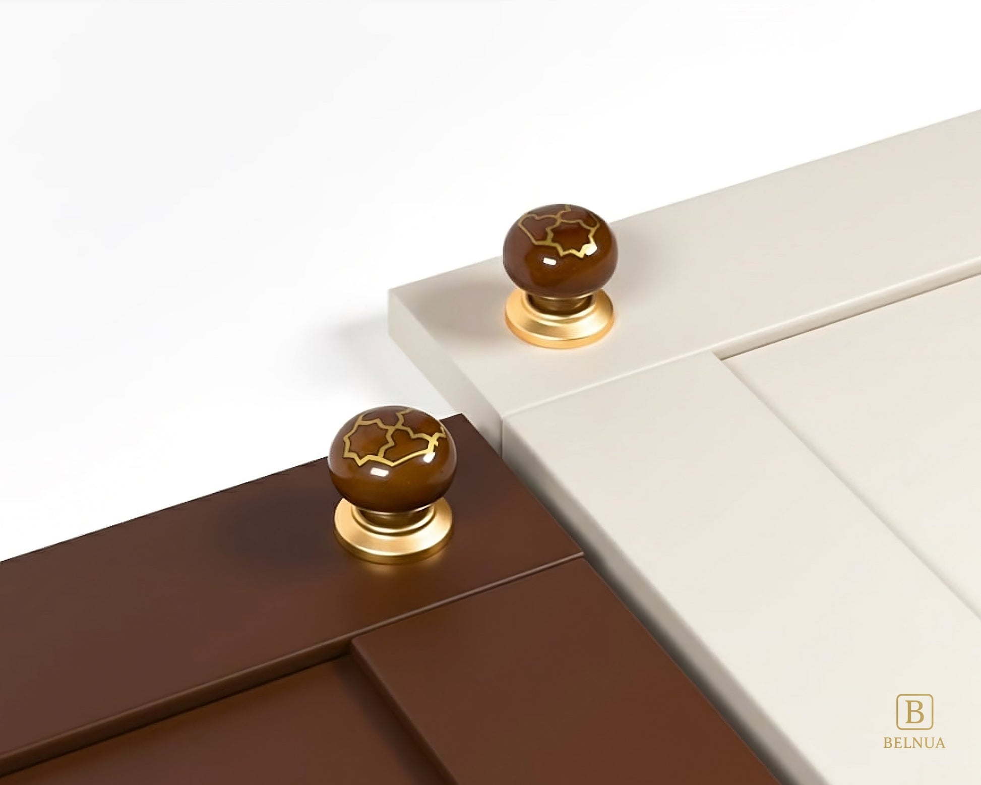 Belnua - ZERRA porcelain/ceramic brown knob with golden tile motif on terracotta clay & cream cabinet door