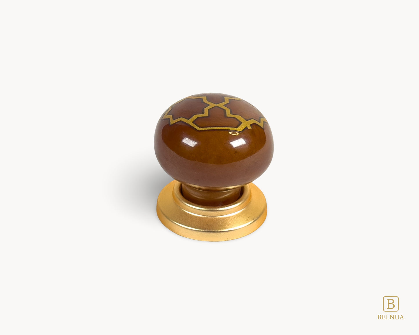 ZERRA Knob – Matte Gold with Brown Porcelain Insert (Golden Tile Motif)