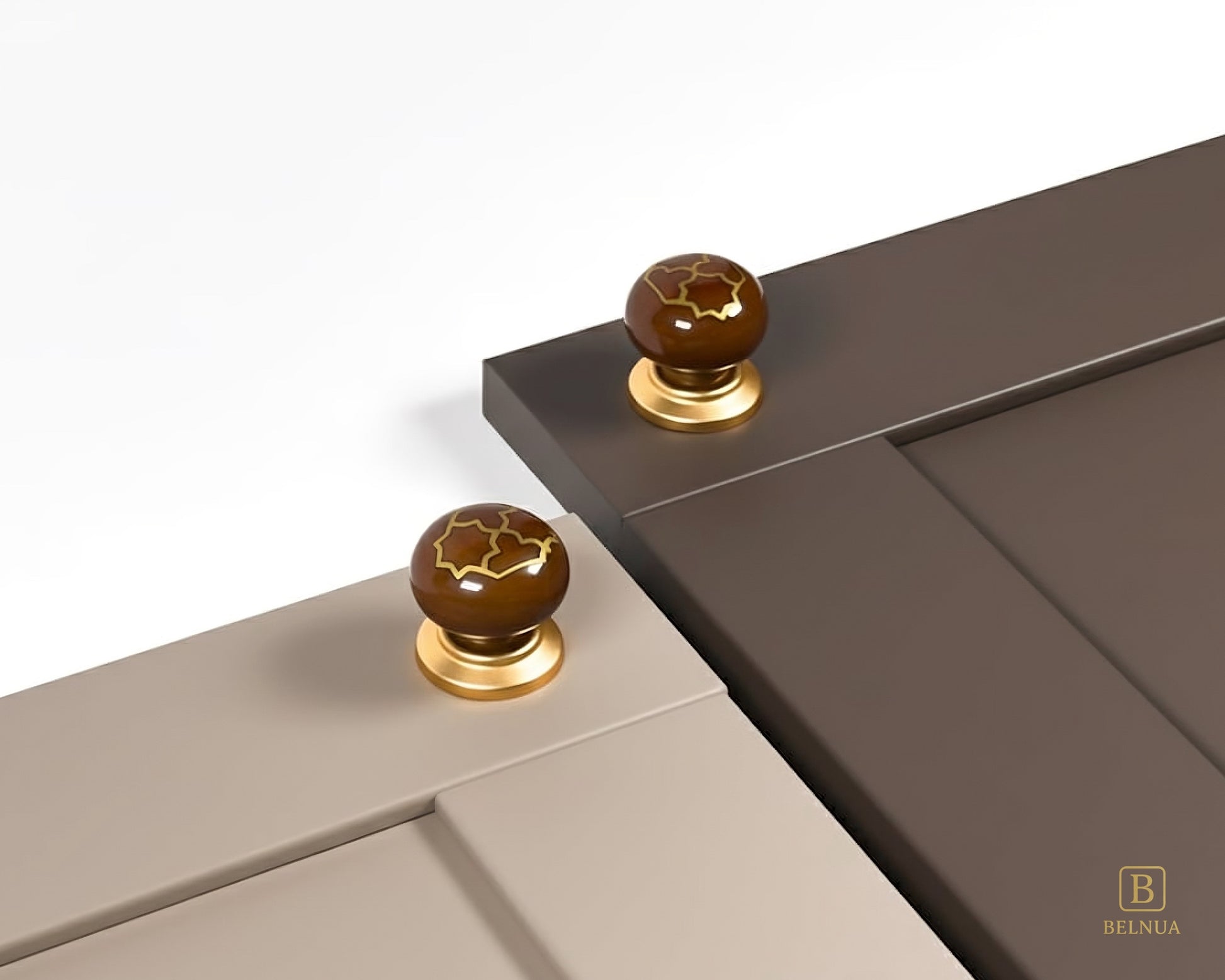 Belnua - ZERRA porcelain/ceramic brown knob with golden tile motif on warm taupe & charcoal brown cabinet door