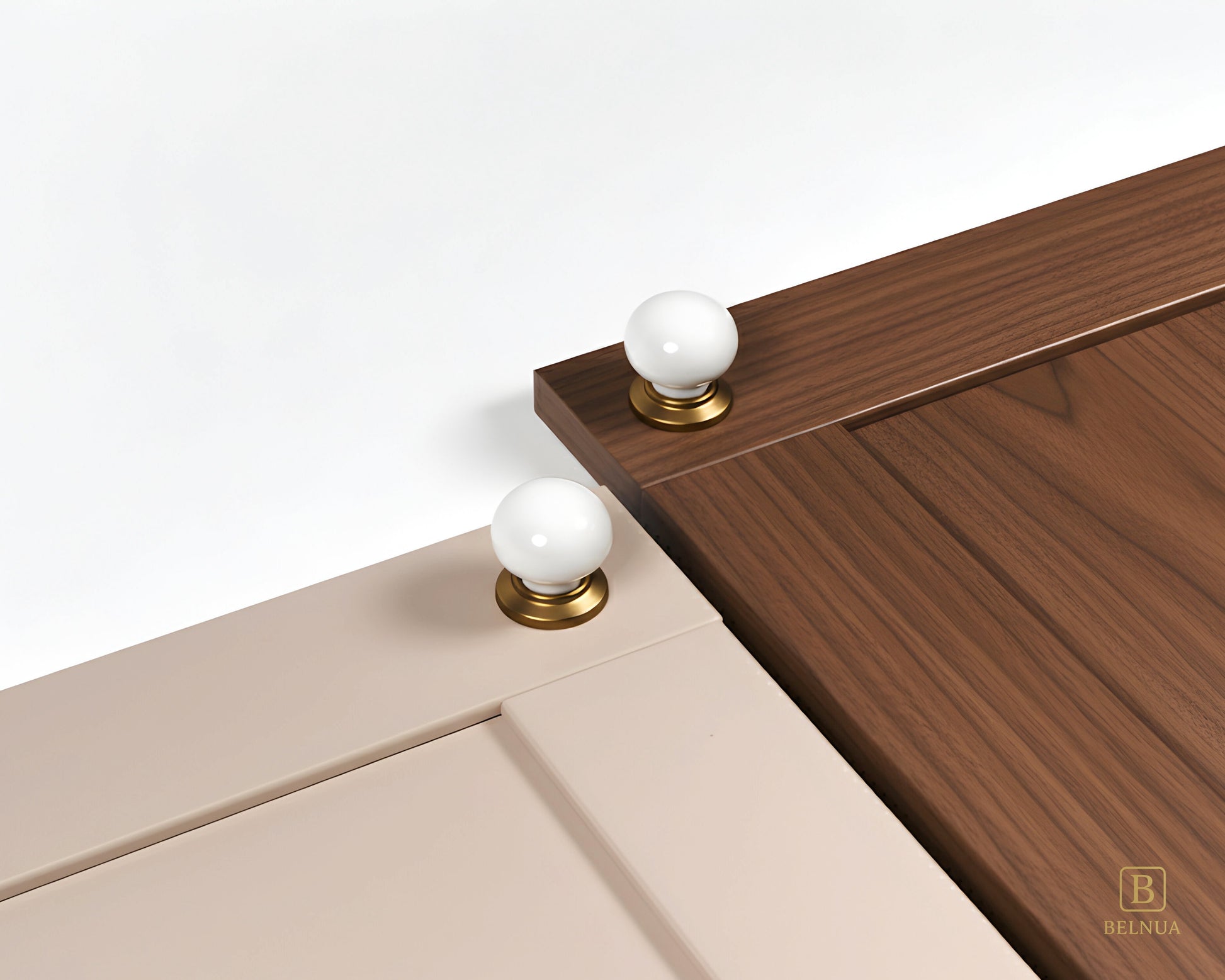 Zerra gold with plain white porcelain knob on cashmere and walnut cabinet doors | Belnua