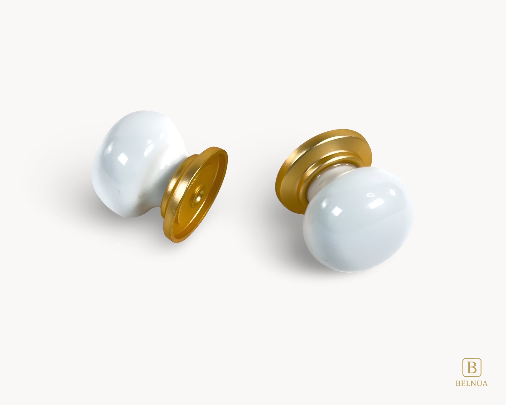 Front and back flat lay view of Zerra white porcelain knob with gold base | Belnua