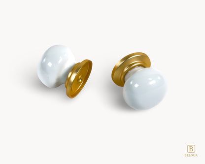 Front and back flat lay view of Zerra white porcelain knob with gold base | Belnua