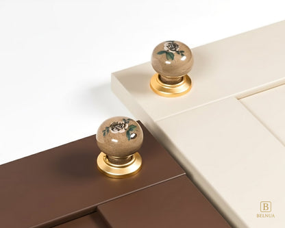 Belnua - ZERRA porcelain/ceramic tan knob pair with elegant rose motif on charcoal brown & cream cabinet door showcase