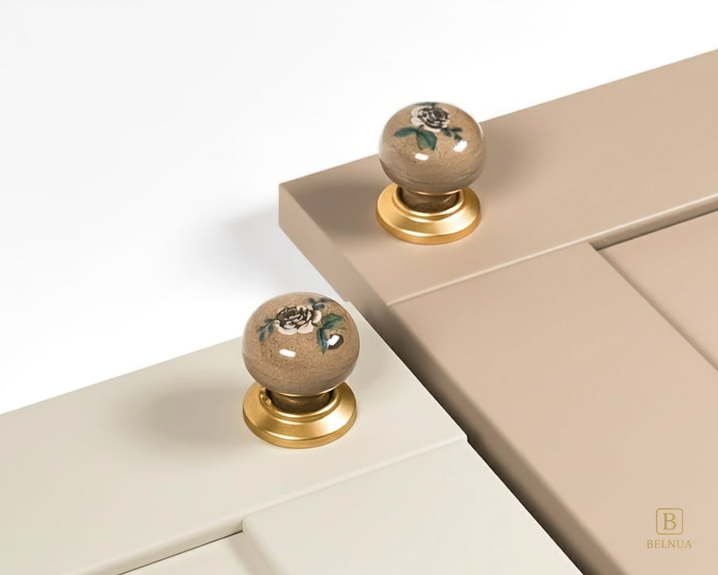Belnua - ZERRA porcelain/ceramic tan knob pair with elegant rose motif on cream & warm taupe cabinet door showcase