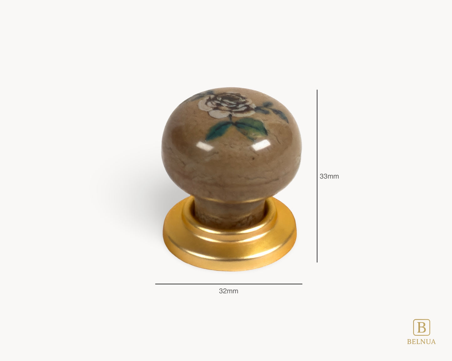 Belnua - Measurements of ZERRA ceramic/porcelain knob showing matte gold finish and rose motif (width: 32mm, height: 33mm)