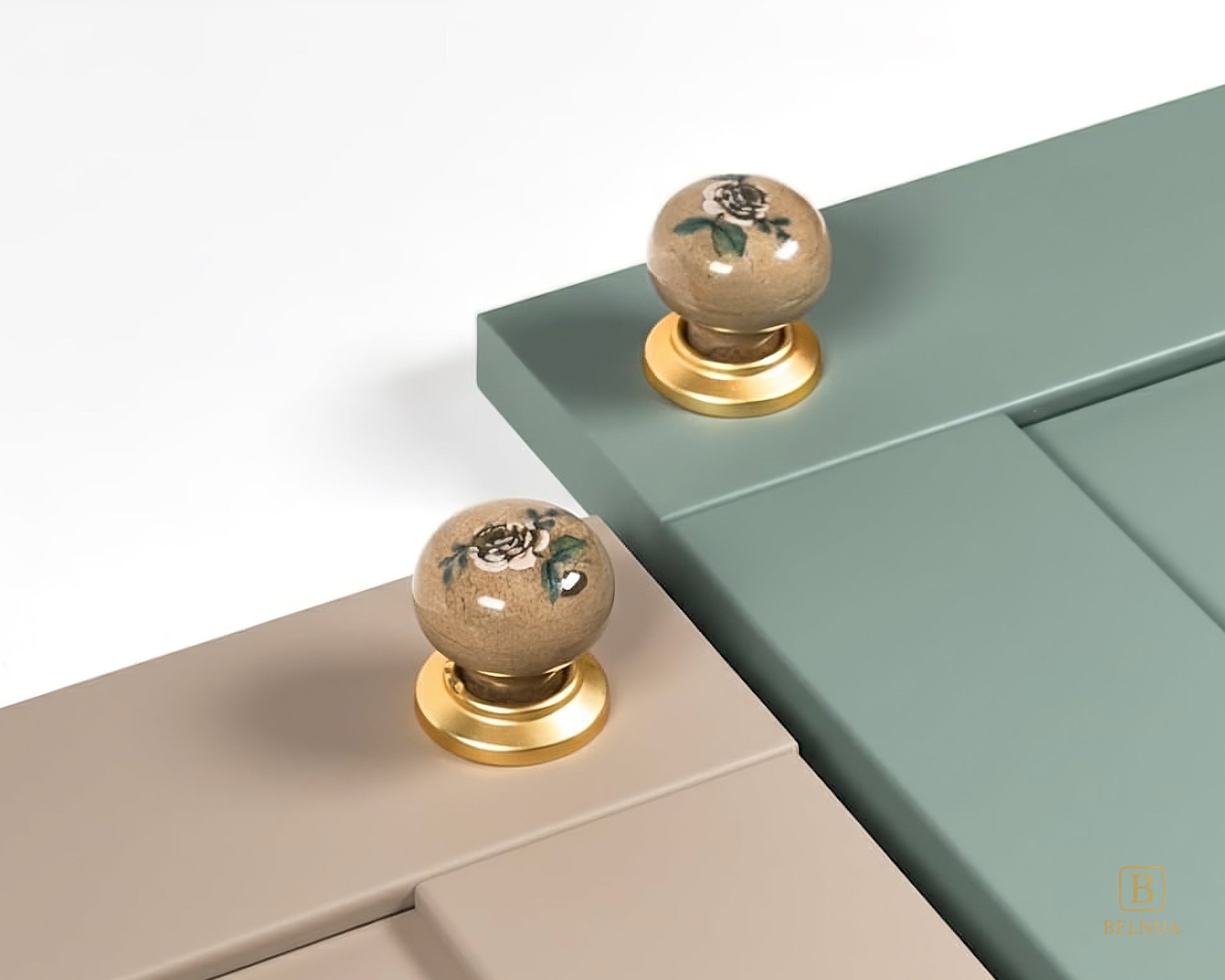 Belnua - ZERRA porcelain/ceramic tan knob pair with elegant rose motif on stone beige & olive green cabinet door showcase