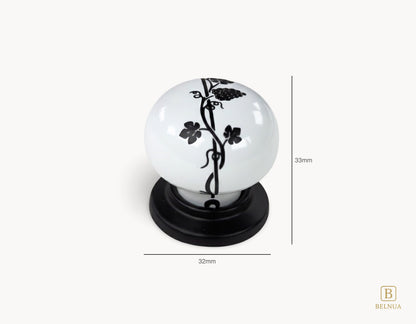 ZERRA Knob – Matte Black with White Porcelain Insert (Black Leaf Motif)
