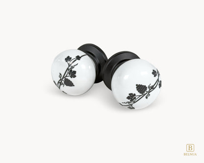 ZERRA Knob – Matte Black with White Porcelain Insert (Black Leaf Motif)