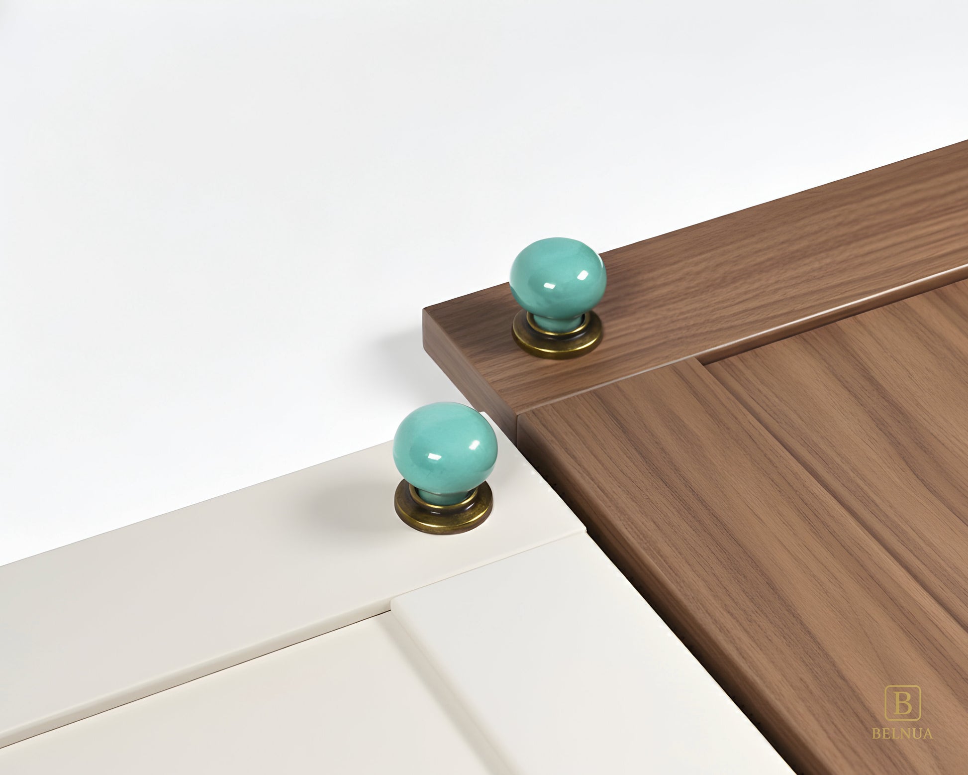 Porcelain white and walnut cabinet with turquoise knobs with brass base from Zerra collection | Belnua