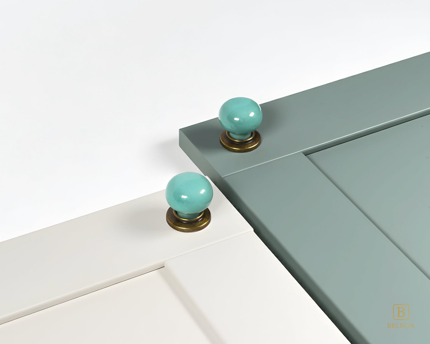 Cream and sage green cabinet with turquoise knobs with brass base from Zerra collection | Belnua