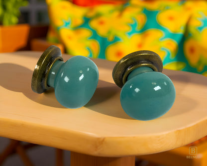 Pair of Zerra turquoise cabinet knobs on a wooden surface with a colorful floral pattern in the background | Belnua