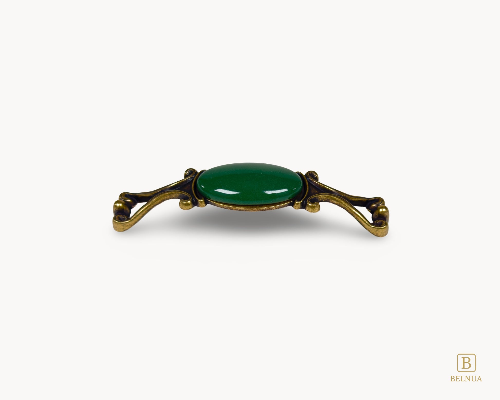 Belnua - Front view of Nureya decorative cabinet handle with dark green porcelain and brass base  on a white surface