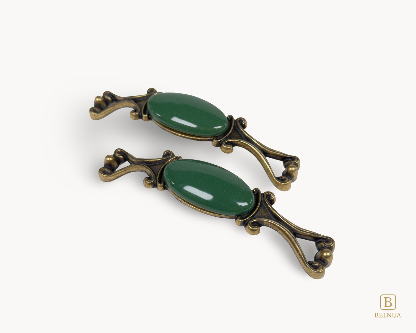 Belnua - Front and top view of Nureya decorative cabinet handle pair with dark green porcelain and brass base  on a white surface