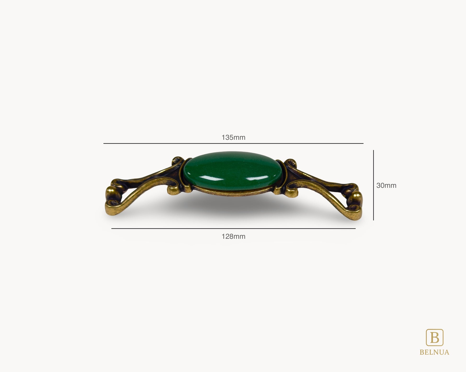 Belnua - Measurements of Nureya decorative cabinet handle with dark green porcelain and brass base  on a white surface