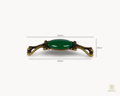 Belnua - Measurements of Nureya decorative cabinet handle with dark green porcelain and brass base  on a white surface