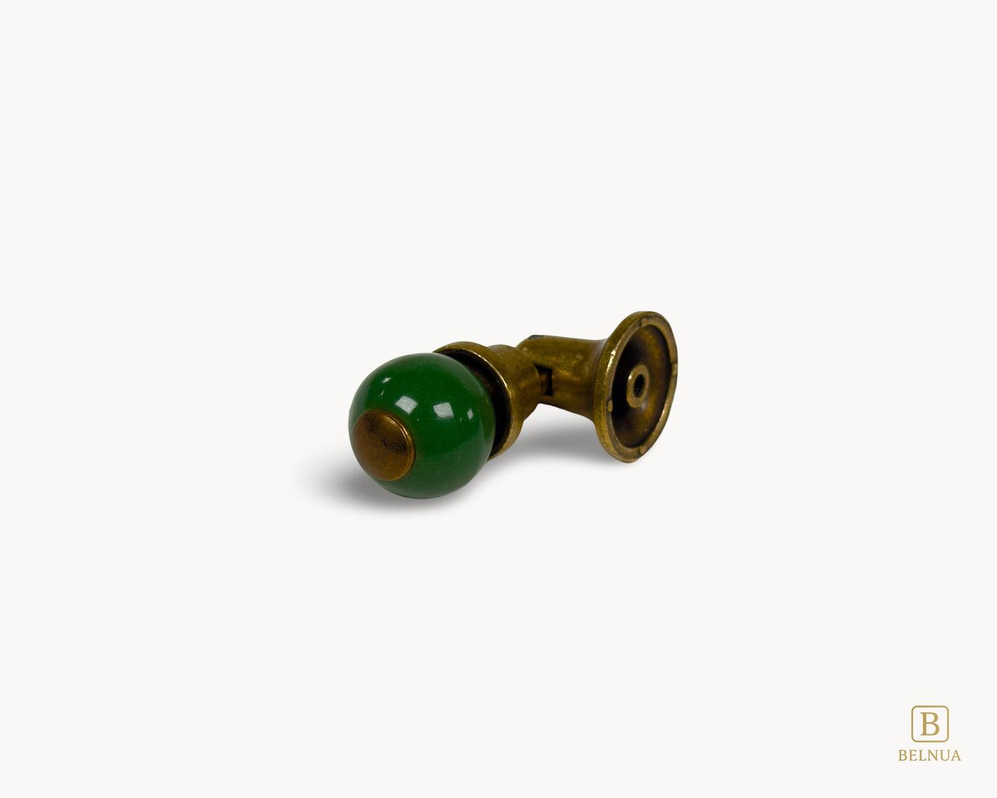 Belnua - Flat lay angled view of VIRELLA green porcelain knob with antique brass base showing back fixing