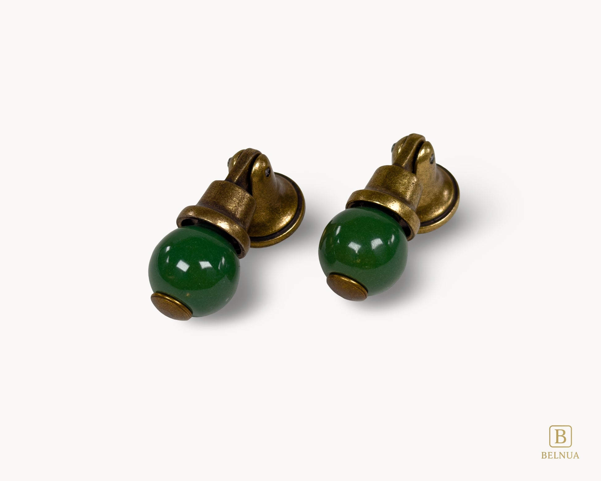 Belnua - Top view of green VIRELLA porcelain/ceramic cabinet knob pairs with sculptural form of brass base