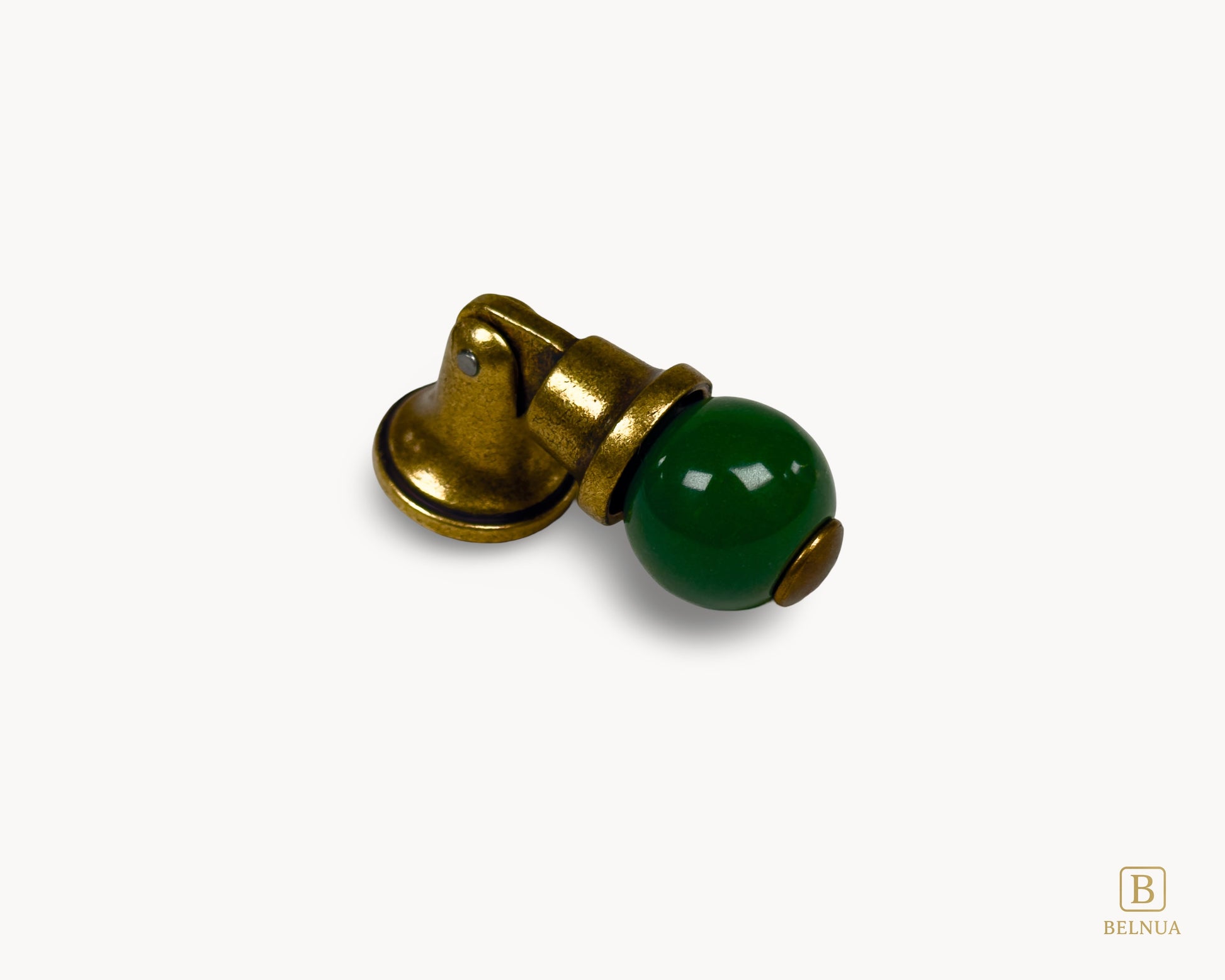 Belnua - Right angled view of VIRELLA green porcelain knob with antique brass base