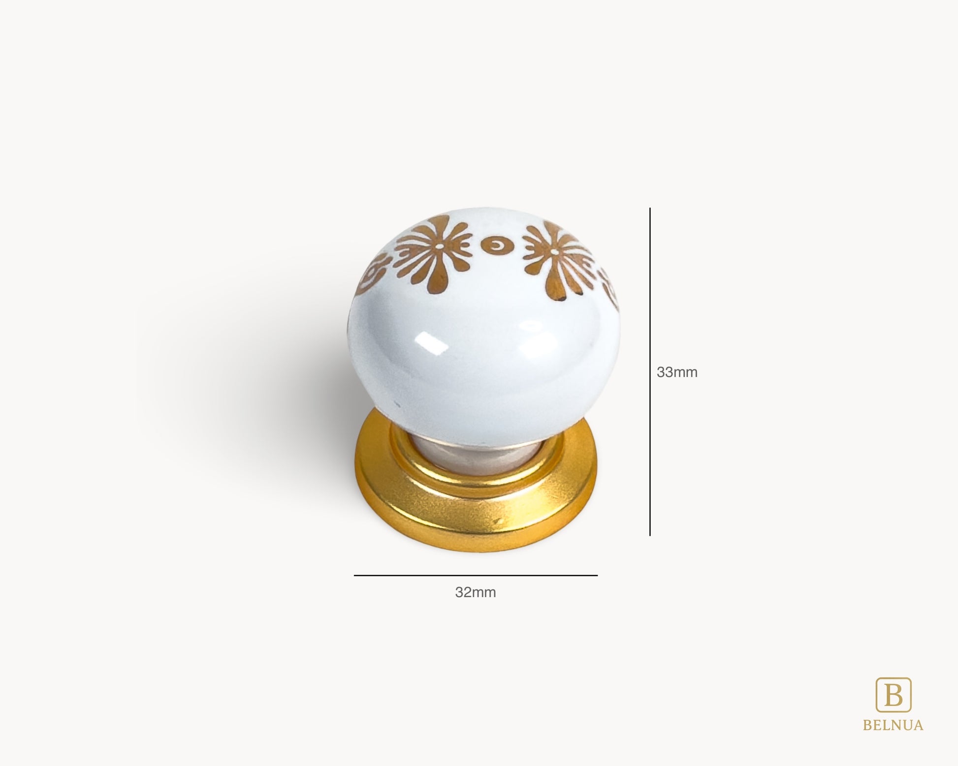 Belnua - Measurements of ZERRA matte gold knob with white floral porcelain