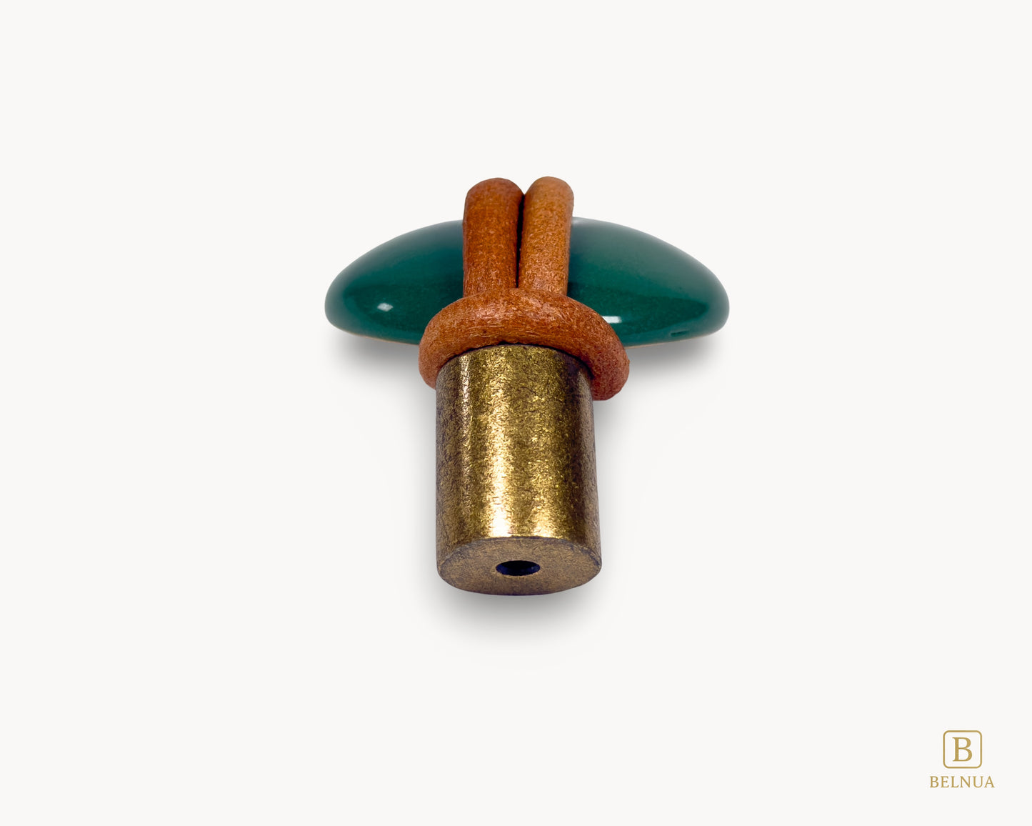 Back view of green porcelain cabinet knob with leather loop from Belnua REVINA collection