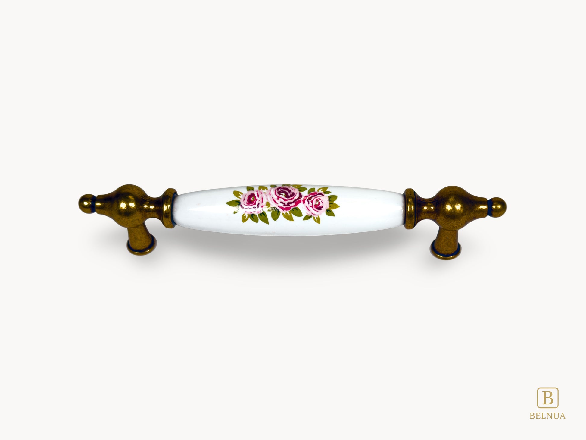Lumora antique brass porcelain cabinet handle 128mm with floral pattern