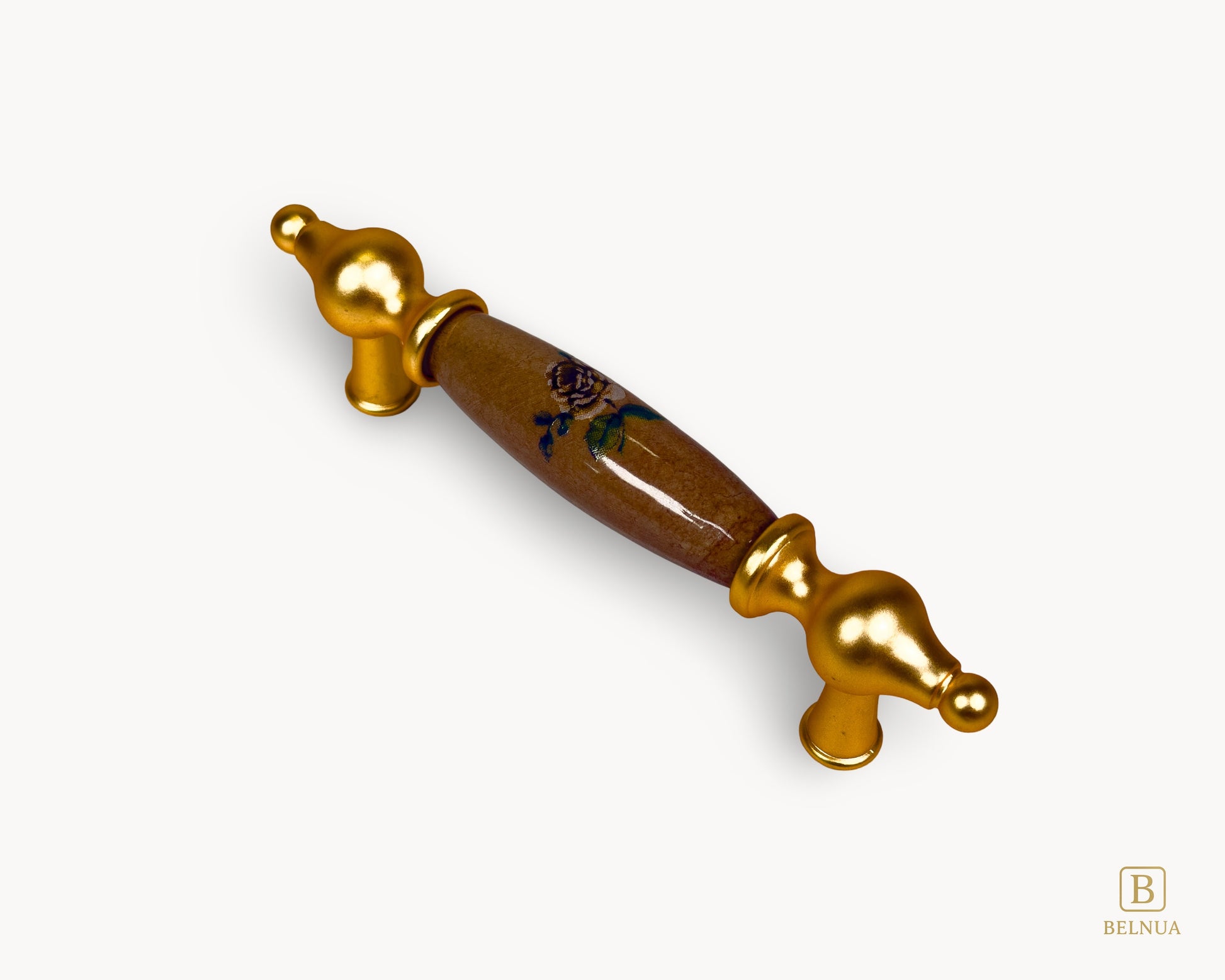 Perspective view of LUMORA gold porcelain cabinet handle 96mm