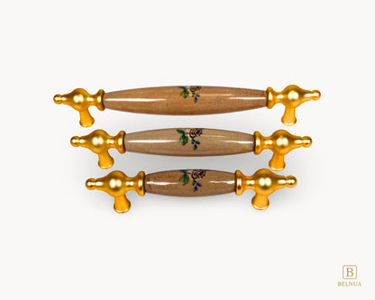 Lumora gold porcelain cabinet handles set showing 96mm 128mm and 160mm sizes